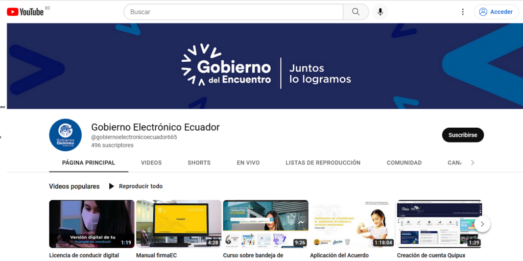 imagen de la portada canal de youtube gobierno electrónico Ecuador